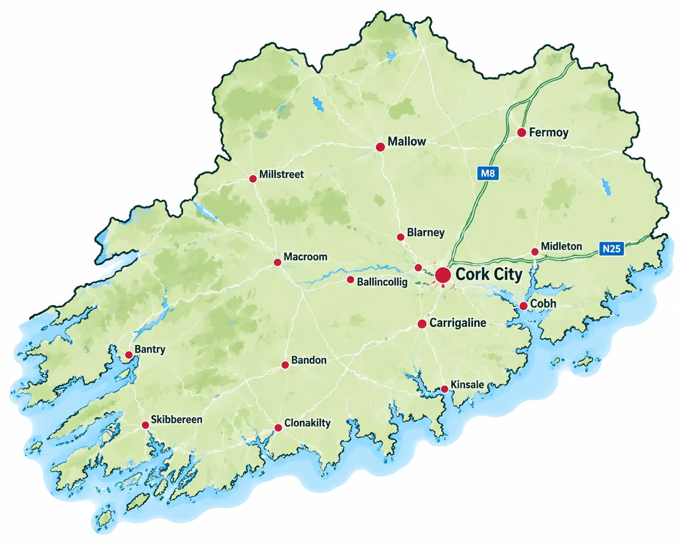 Map of County Cork showing Cork City and surrounding towns, including Midleton, Mallow, Fermoy, Bandon and Bantry